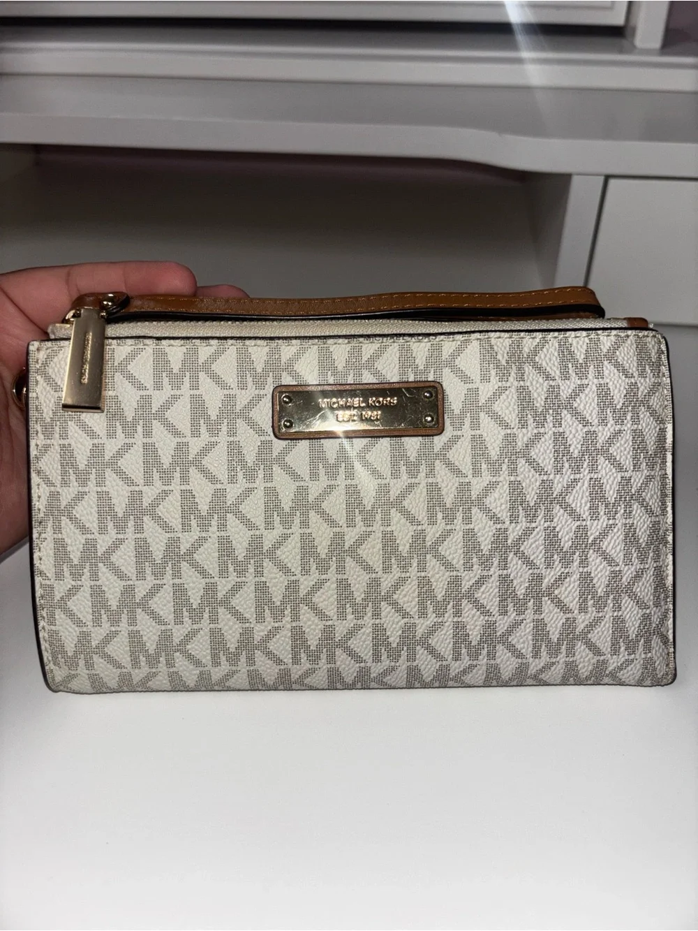 Michael Kors Cream and Tan Logo Zip Wristlet with Gold Hardware